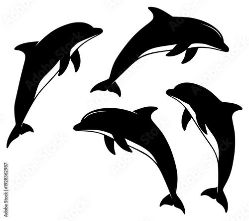 A set of four silhouettes of dolphins jumping in different poses, black, dolphin, illustration, jump, marine, pod, profile, against transparent background