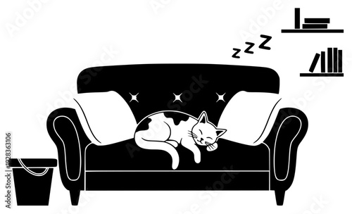 e illustration of a cat sleeping on a couch with a blanket and a bucket beside it, armchair, black, bookshelf, cat, couch, curl, illustration, lay, pillow, sleep, white, against transparent background