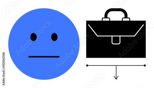 Career decisions, work challenges, employment, balance, career growth, and professional dilemmas. Neutral face symbol beside a briefcase with directional line. Career challenges and growth concept