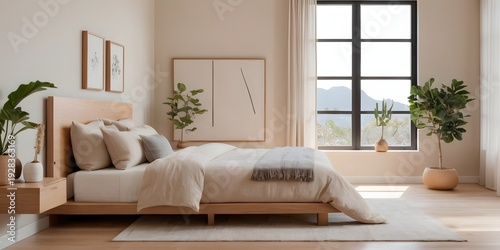 Minimalist Japandi Bedroom Interior with Natural Light and Wooden Furniture