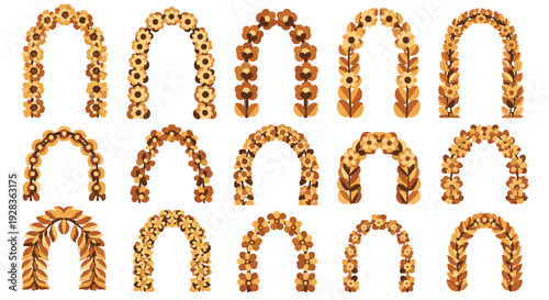 A set of fifteen decorative wedding arches made of stylized brown and yellow flowers and leaves, isolated on a white background in a flat vector style.
