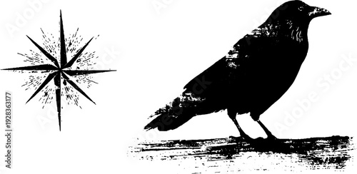 Mysterious raven and compass star silhouette in black and white ink for retro design