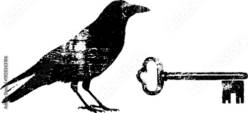 Raven with key in high contrast black and white ink design for vintage art prints