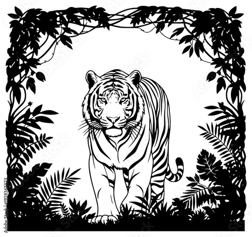 ack and white illustration of a tiger standing in a lush jungle setting, animal, bengal tiger, black, frame, illustration, jungle, stand, tiger, vegetation, walk, white, against transparent background