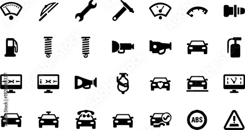 Automotive dashboard icon set vector illustration featuring black silhouettes of vehicle functions, warnings, and maintenance indicators