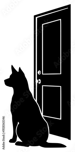 A silhouette of a dog sitting in front of a door, black, dog, door, doorway, illustration, open, profile, sit, stare, against transparent background