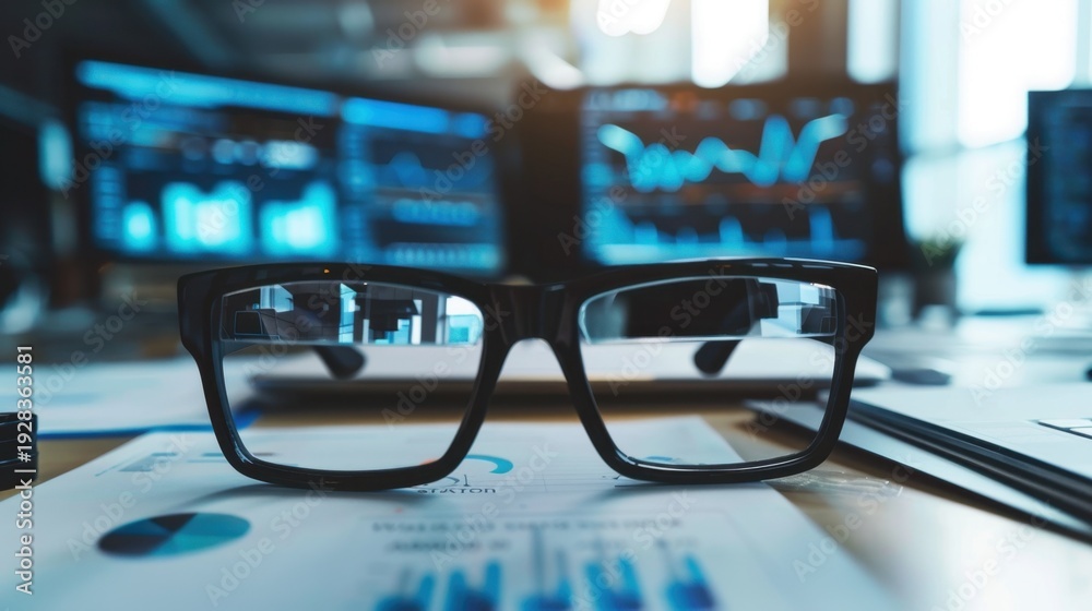 Obraz premium Close-up of black eyeglasses on a desk with financial reports and digital graphs in the background. The scene conveys a business and analytical atmosphere.