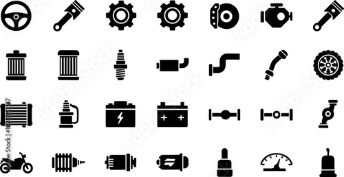 Automotive parts icon vector illustration collection, thirty black symbols showing car and motorcycle components, tools, and mechanical systems