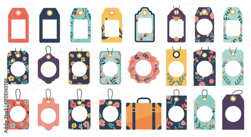 A diverse collection of twenty-four colorful gift tags with floral patterns and cutout frames is arranged on a plain white background.