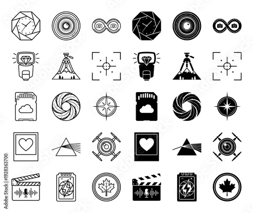 Professional photography and videography icon set featuring hybrid symbols like camera lens clocks shutter blade mountain tripods and film strip infinity loops