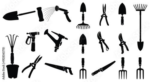 A set of eighteen black silhouettes of various gardening tools, including a shovel and pruning shears, is on a white background.