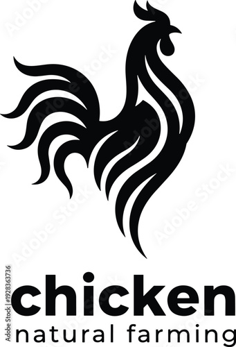 Chicken farming logo vector illustration, stylized rooster silhouette with flowing artistic lines above text “chicken natural farming” branding design