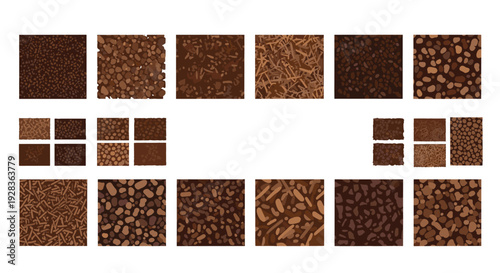 A collection of twenty square swatches displaying various seamless ground textures like soil, mulch, and gravel on a white background.