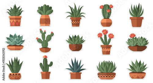 A sticker set of fifteen different potted succulent and cactus plants in terracotta pots, illustrated in a flat vector style and isolated on a clean white background.