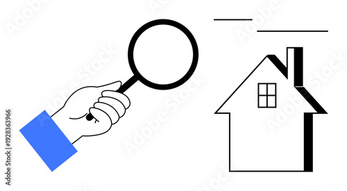 Real estate, property inspection, housing market research, rental search, home buying, realty services. Hand holding a magnifying glass near a house outline. Real estate and property inspection