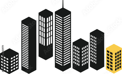 High-rise building vector illustration featuring seven urban skyscrapers with varied window patterns and standout yellow architectural design