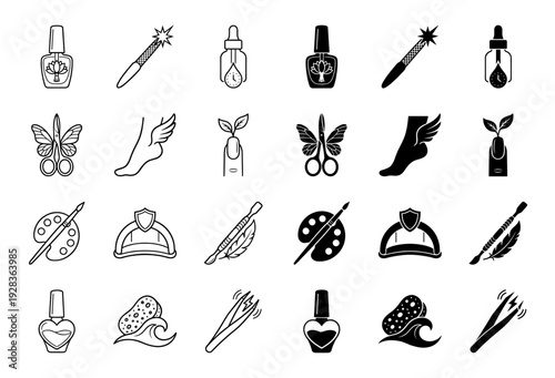 Professional manicure and pedicure hybrid icons merging beauty tools with conceptual symbols like lotus flowers butterfly wings and mythical elements