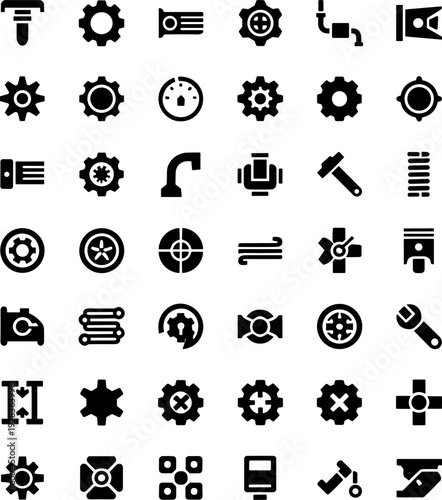 Industrial mechanical icon set vector illustration featuring gears, pistons, pipes, wrenches, and engineering components in silhouette style