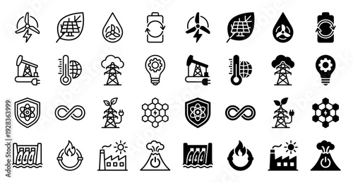 Collection of hybrid renewable energy icons featuring solar leaf wind water drop and geothermal volcano symbols in outline and solid styles
