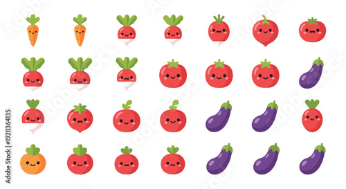 A cute collection of kawaii vegetable characters, including carrots, tomatoes, and eggplants, designed in a pixel art style.