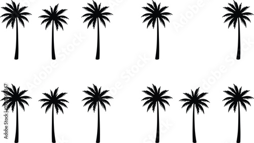 Palm tree silhouette vector illustration collection, ten black icons with tall trunks and rounded fronds for tropical landscape design
