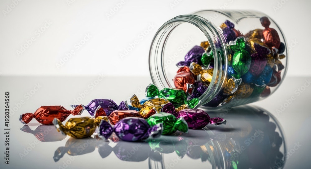 Fototapeta premium Brightly colored, individually wrapped candies spilling from a glass jar