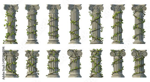 A collection of fourteen ancient, weathered stone columns with intricate Ionic capitals, overgrown with twisting green ivy vines, is displayed in various states of ruin against a white background.