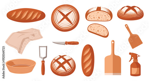 A rustic collection of thirteen bread baking essentials, including artisan loaves, a proofing basket, a baker's peel, and a knife, is illustrated in a textured flat design style on a white background.