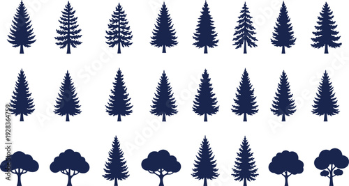 Tree silhouette icon set vector illustration featuring 30 coniferous and deciduous species in uniform black design for nature themes