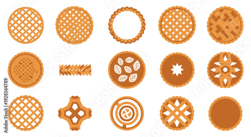 A diverse collection of fifteen different pie crust designs, including lattice, braided, and cutout patterns, isolated on a clean white background for culinary design.