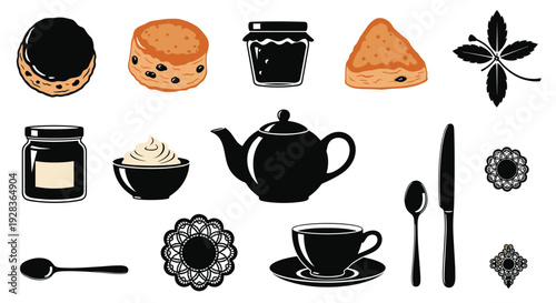 A graphic black and white illustration set for a traditional afternoon tea, featuring a teapot, scones, jam, and cutlery in a bold silhouette style.