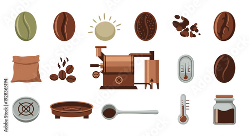 A collection of vector icons illustrating the coffee production and roasting process, from green beans to the final roasted product and brewing equipment.