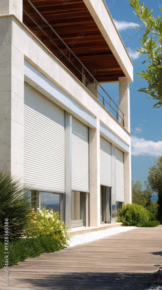 Fototapeta premium Modern Building Exterior with White Roller Shutters, Wooden Deck, and Balcony