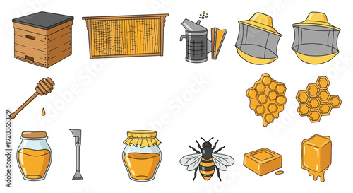 A complete set of cartoon-style icons for beekeeping and apiculture, showing equipment like hives and smokers, as well as products like honey and beeswax.