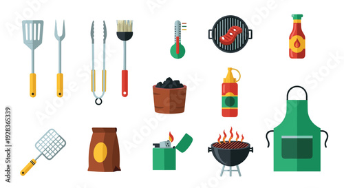 A comprehensive collection of colorful barbecue and grilling tool icons, including utensils, sauces, and equipment, is neatly arranged on a clean white background for design purposes.