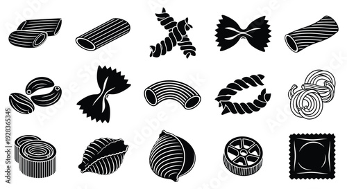 A diverse set of fifteen monochrome pasta shape icons, including fusilli, penne, and farfalle, is displayed in a grid layout against a stark white background, showcasing Italian cuisine elements.