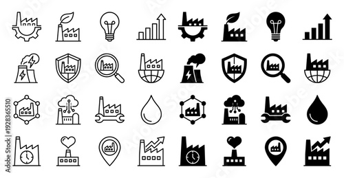 Industrial factory icons combining manufacturing symbols with green energy leaves gears magnifying glasses and global logistics in outline and solid styles