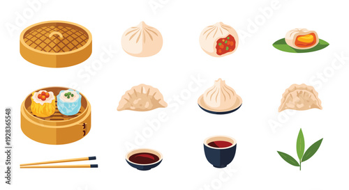 A delicious assortment of traditional Chinese dim sum food icons, including dumplings, shumai, and a bamboo steamer, isolated on a plain white background.
