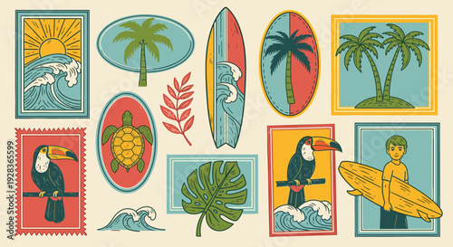 Vintage Tropical Travel Stickers Featuring Palm Trees Surfing Toucans Turtles And Waves