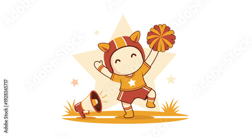 A cute cartoon cheerleader character in a helmet holds a pom-pom and stands next to a megaphone in a cheerful vector illustration.