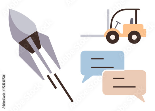 Innovation, logistics, communication strategies, technology progress, transportation, teamwork. A rocket, forklift and speech bubbles are . Innovation and logistics