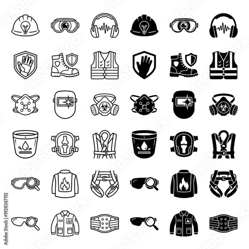 Professional Personal Protective Equipment Icons Featuring Hybrid Safety Symbols and Industrial Gear in Dual Outline and Solid Glyph Styles