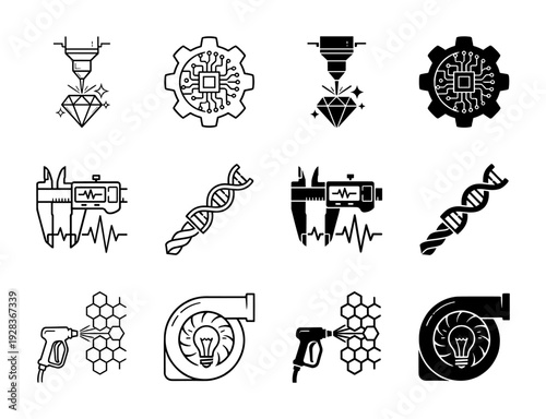 Collection of hybrid engineering and biotechnology icons merging laser diamond cutting with microchip gears and dna drill bits in outline and solid styles
