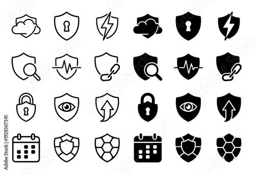 Professional security shield icon set featuring hybrid protection symbols including cloud lock lightning bolt magnifying glass and honeycomb armor