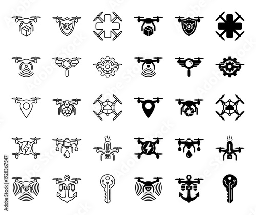 Collection of hybrid drone icons merging unmanned aerial vehicles with delivery boxes shield medical cross gear location pin and thermal sensors
