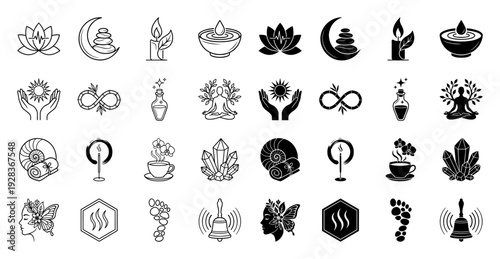 Collection of holistic wellness and spa icons featuring hybrid symbols like a lotus with heartbeat and zen stones on a crescent moon in linear and solid styles
