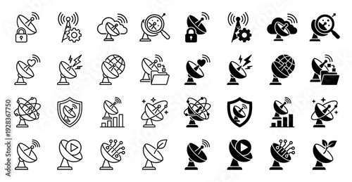 Professional communication satellite dish icon set featuring hybrid conceptual metaphors for data security broadcasting storage and network signals