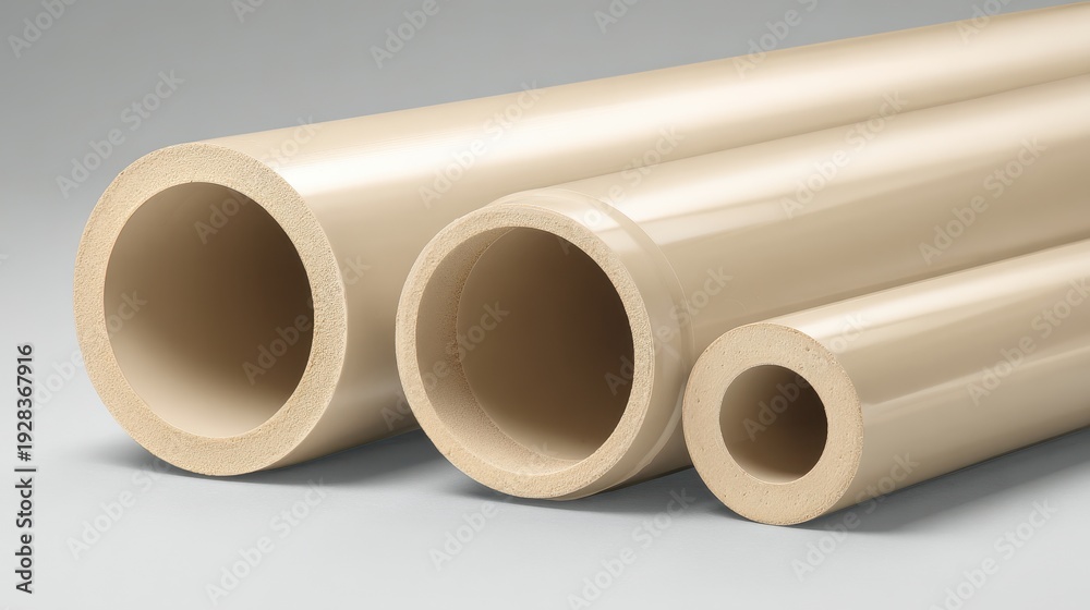 Fototapeta premium Three beige industrial pipes of varying sizes with textured inner surfaces, lying horizontally on a light grey background.