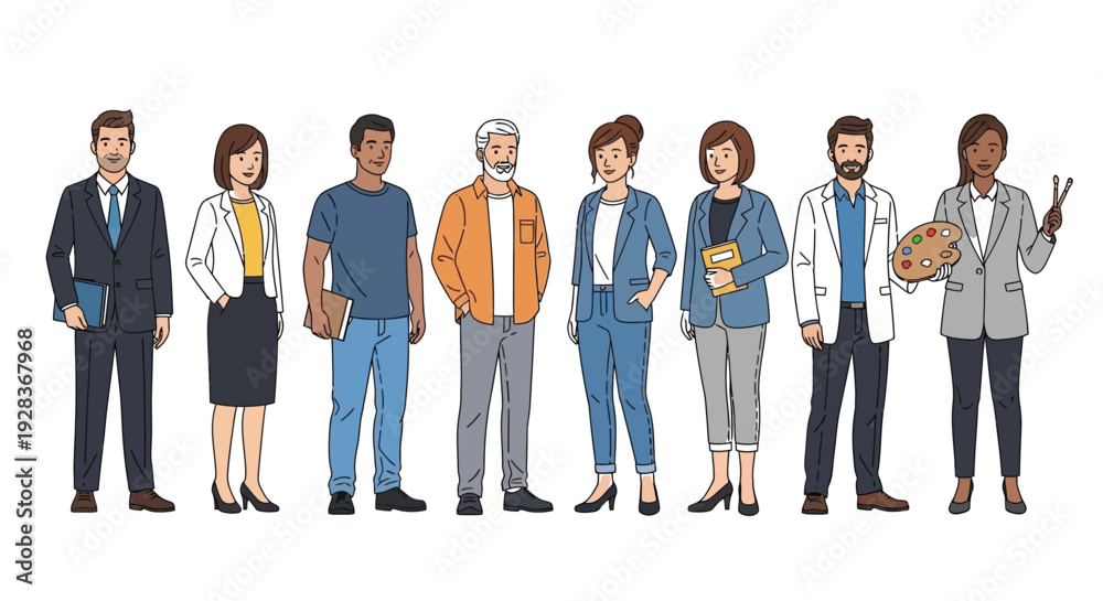Obraz premium Diverse group of business professionals and creatives standing together, showcasing various career paths and inclusivity.