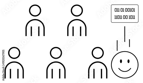 Digital transformation concept. Binary code signals interacting with icons people and technology. Digital transformation driving collaboration and data flow for teams, communication, innovation